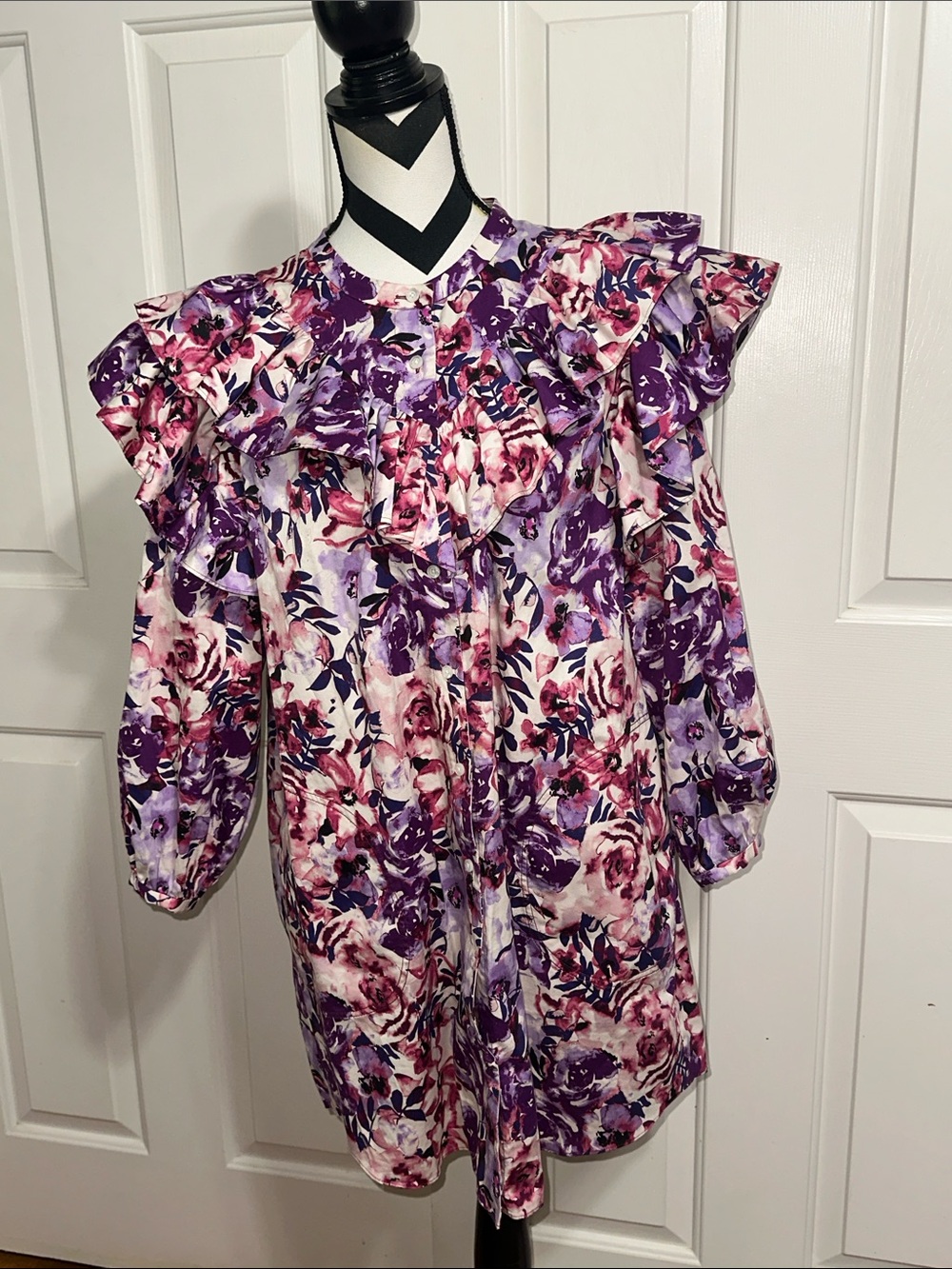 Something Navy Purple and Pink Floral Ruffle Button Front Dress